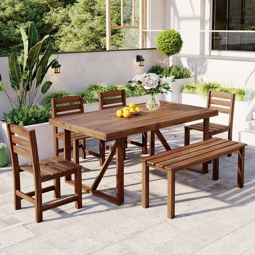 6-Piece Outdoor Acacia Wood Dining Set – Includes Table, Bench & 4 Chairs – Modern Patio Furniture for Garden, Balcony, or Deck (Brown) Sangria Beech