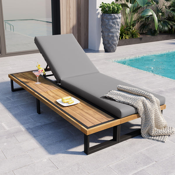 Adjustable Outdoor Chaise Lounge Chair with Cushion & Side Table – Acacia Wood Frame, 5-Position Recliner for Patio, Poolside, or Garden Sangria Beech
