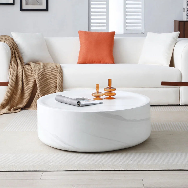 Modern Round Fiberglass Coffee Table – No Assembly, Durable Black & White Accent Table for Living Room & Office Sangria Beech