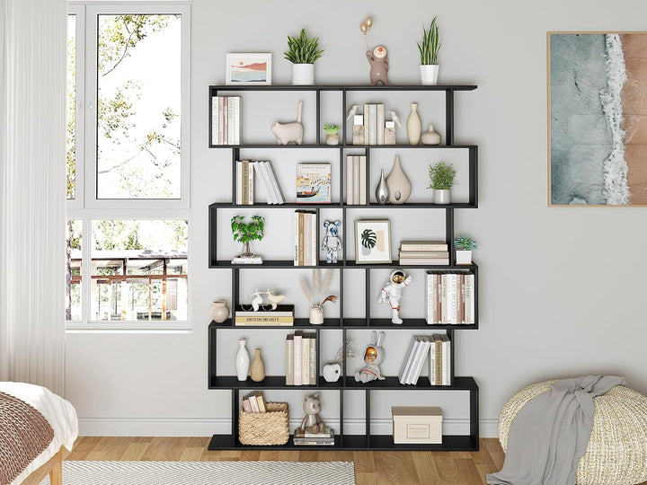 6-Tier Black S-Shaped Modern Geometric Bookshelf – Space-Saving Display & Storage Shelf Peach Maple
