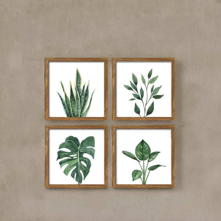 Botanical Framed Wall Art Set – 4-Piece Green Plant Prints with MDF Frames, 10x10 Inches Each, Modern Home Decor Peach Maple