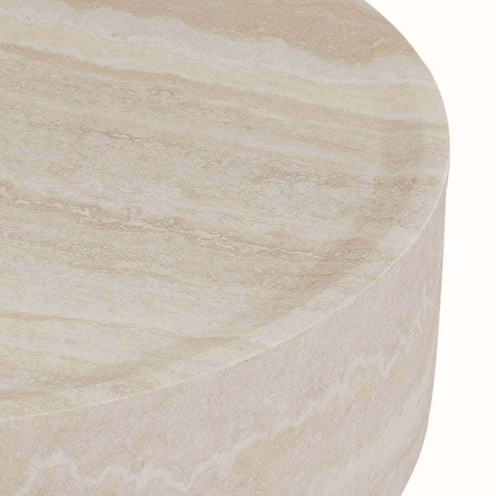 Modern Round Faux Travertine Coffee Table – 31.5" Fiberglass Center Table for Living Room, No Assembly Needed Sangria Beech