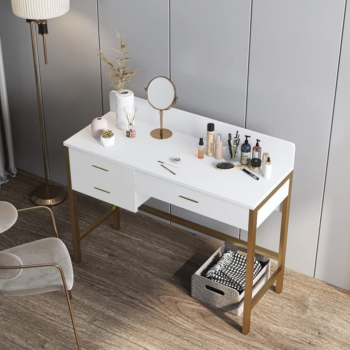 Modern White Vanity Desk with 3 Drawers & Gold Metal Legs – Compact Makeup Table or Computer Desk with Storage & Anti-Fall Fence for Bedroom or Home Office Peach Maple