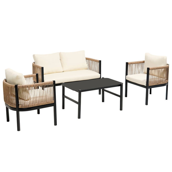 5-Piece Modular Outdoor Sofa Set with Tempered Glass Table – Beige Cushions, PE Wicker & Rust-Resistant Iron Frame Sangria Beech