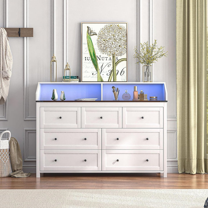 54" Rustic 7 Drawer Dresser with LED Lights, USB & AC Charging Ports – White Wood Chest for Bedroom, Living Room, Hallway Peach Maple