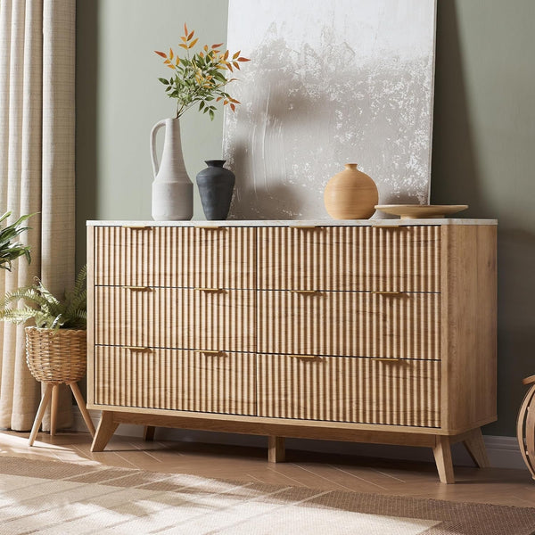 Modern 6-Drawer Dresser with Fluted Panels & Faux Marble Top – 54" Wide Storage Cabinet for Bedroom, Living Room, or Entryway Peach Maple
