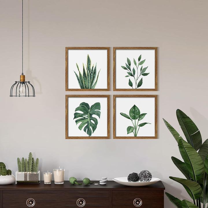 Botanical Framed Wall Art Set – 4-Piece Green Plant Prints with MDF Frames, 10x10 Inches Each, Modern Home Decor Peach Maple