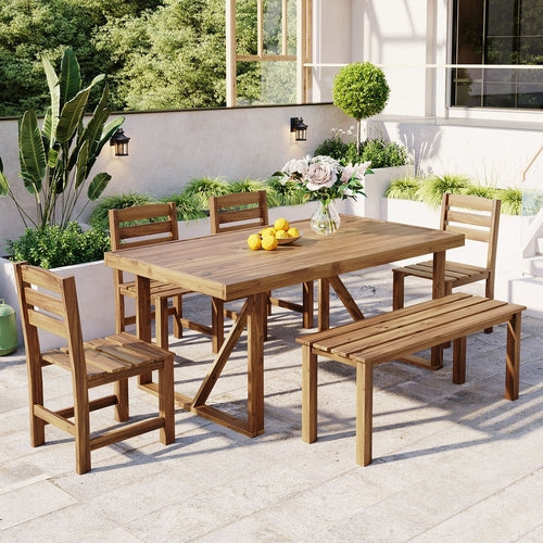 6-Piece Outdoor Acacia Wood Dining Set – Includes Table, Bench & 4 Chairs – Modern Patio Furniture for Garden, Balcony, or Deck (Brown) Sangria Beech