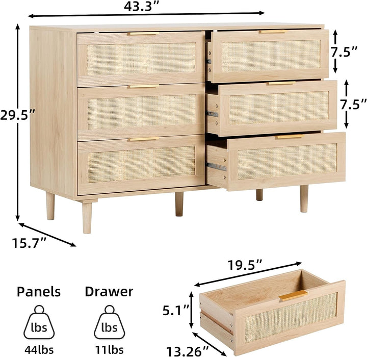 Natural Rattan 6 Drawer Dresser – Stylish MDF Wood Storage with Durable Construction Peach Maple