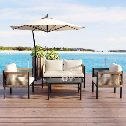 5-Piece Modular Outdoor Sofa Set with Tempered Glass Table – Beige Cushions, PE Wicker & Rust-Resistant Iron Frame Sangria Beech