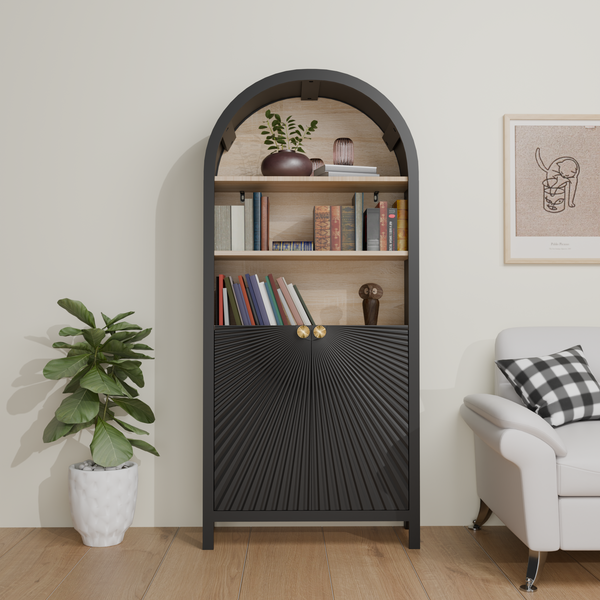 61' Tall Arched Cabinets,Bookcase with storage,Mid-Century Modern 5-Tier Bookshelf with Door,Black GH Modern Living