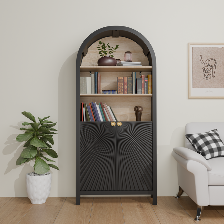 61' Tall Arched Cabinets,Bookcase with storage,Mid-Century Modern 5-Tier Bookshelf with Door,Black GH Modern Living
