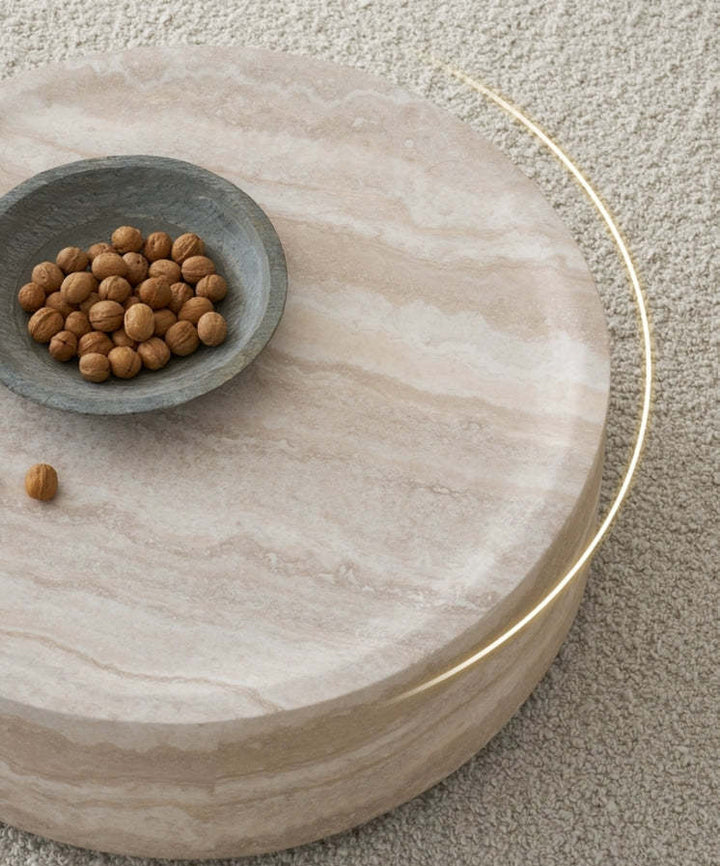 Modern Round Faux Travertine Coffee Table – 31.5" Fiberglass Center Table for Living Room, No Assembly Needed Sangria Beech