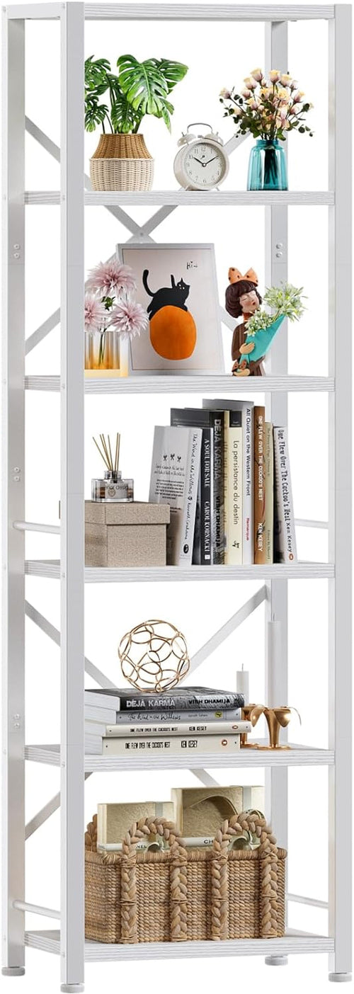Tall White 6-Tier Narrow Bookshelf with Metal Frame – Slim Storage Rack for Living Room, Bedroom, Office & Bathroom Peach Maple