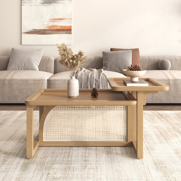 Modern 2 Piece Nesting Rattan Wood+ MDF Coffee Table Set in Natural GH Modern Living