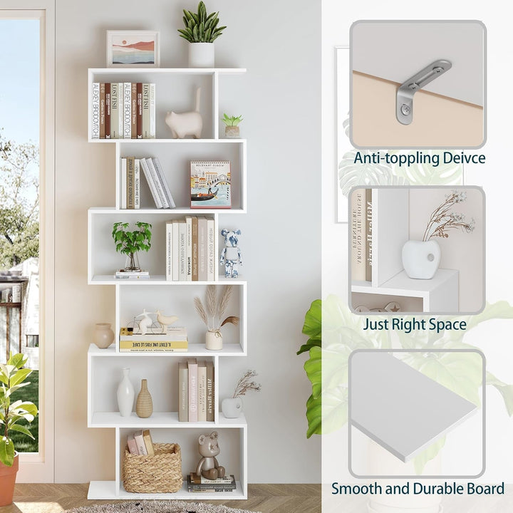 S-Shaped Bookshelf – Modern Geometric 6-Tier White Display Bookcase Peach Maple