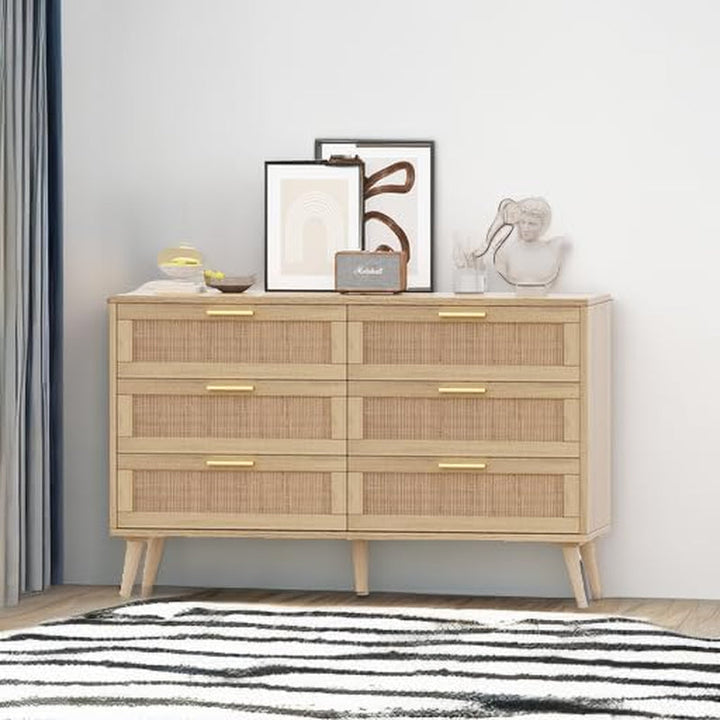 6-Drawer Rattan Dresser – Boho Chic Mid-Century Storage Cabinet with Golden Handles, Natural Finish, Versatile for Bedroom, Entryway, or Living Room Peach Maple