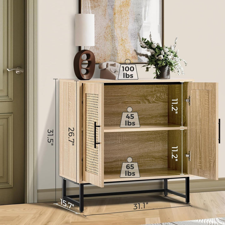 Rattan Door Storage Cabinet Handmade Buffet Sideboard Accent Peach Maple
