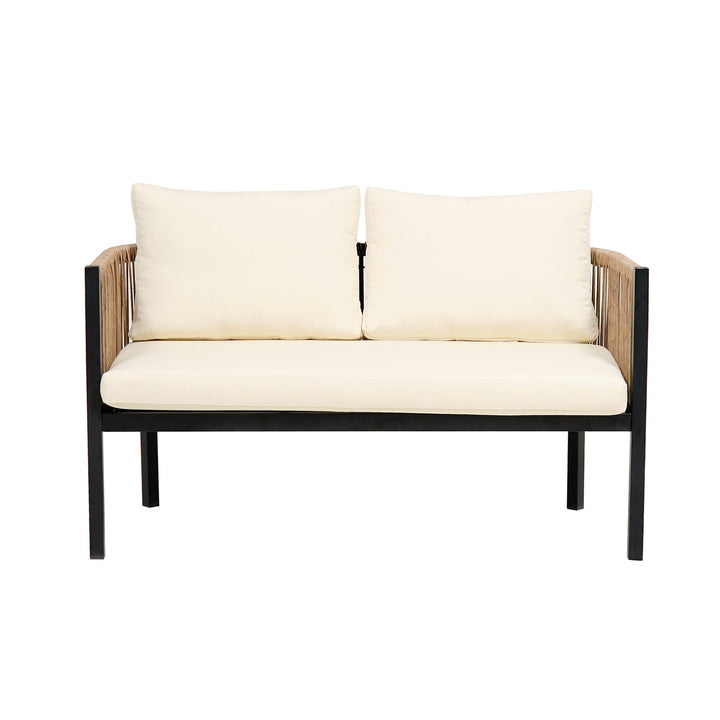 5-Piece Modular Outdoor Sofa Set with Tempered Glass Table – Beige Cushions, PE Wicker & Rust-Resistant Iron Frame Sangria Beech