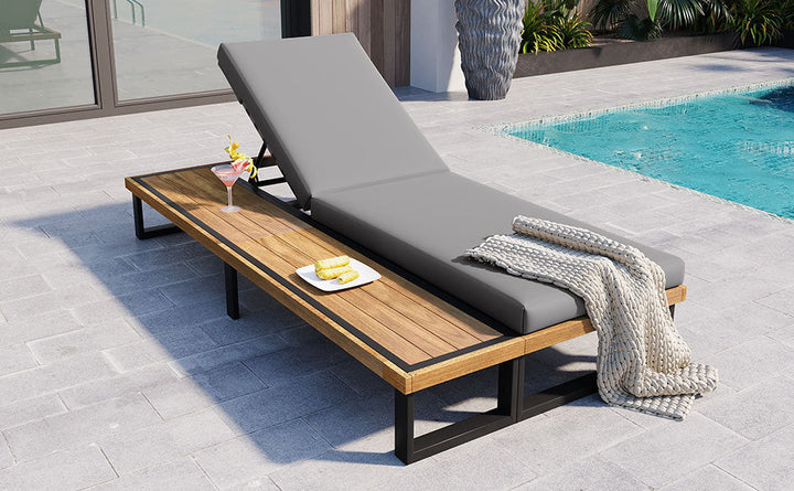 Adjustable Outdoor Chaise Lounge Chair with Cushion & Side Table – Acacia Wood Frame, 5-Position Recliner for Patio, Poolside, or Garden Sangria Beech