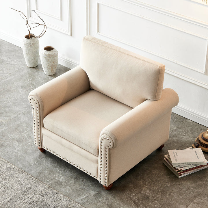 Beige Upholstered Accent Chair with Nailhead Trim – Solid Wood Frame, Thick Cushions, and Rounded Arms Sangria Beech