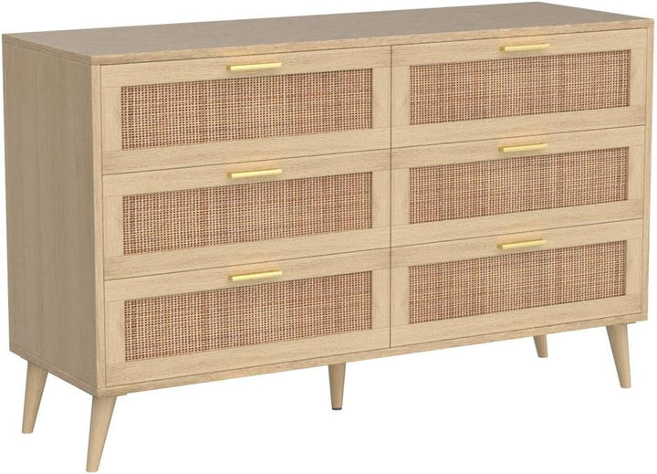6-Drawer Rattan Dresser – Boho Chic Mid-Century Storage Cabinet with Golden Handles, Natural Finish, Versatile for Bedroom, Entryway, or Living Room Peach Maple