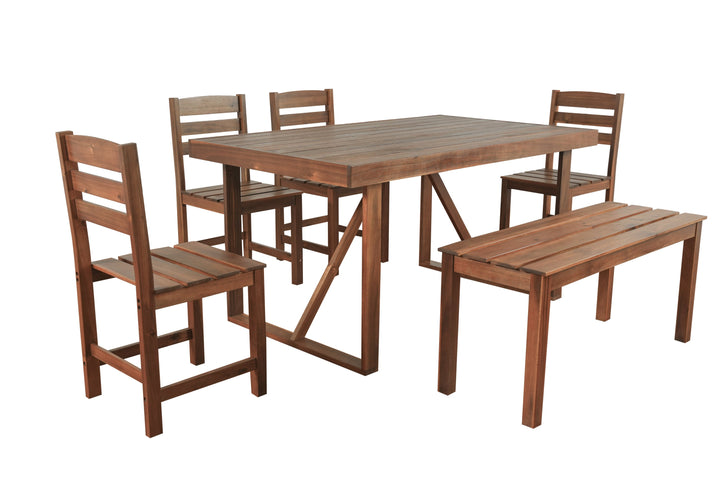 6-Piece Outdoor Acacia Wood Dining Set – Includes Table, Bench & 4 Chairs – Modern Patio Furniture for Garden, Balcony, or Deck (Brown) Sangria Beech