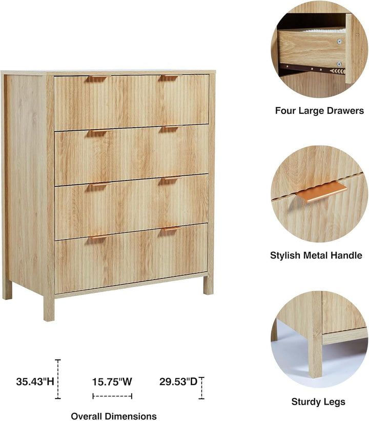 Modern 4 Drawer Wood Dresser – Fluted Wavefront Storage Cabinet with Solid Legs, MDF Chest for Bedroom & Living Room Peach Maple