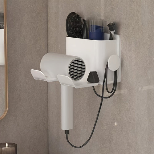 Sleek Wall-Mounted Bathroom Organizer Rack with Smartphone Holder – Space-Saving Plastic Hanging Shelf for Toiletries & Phone Champagne Apollo