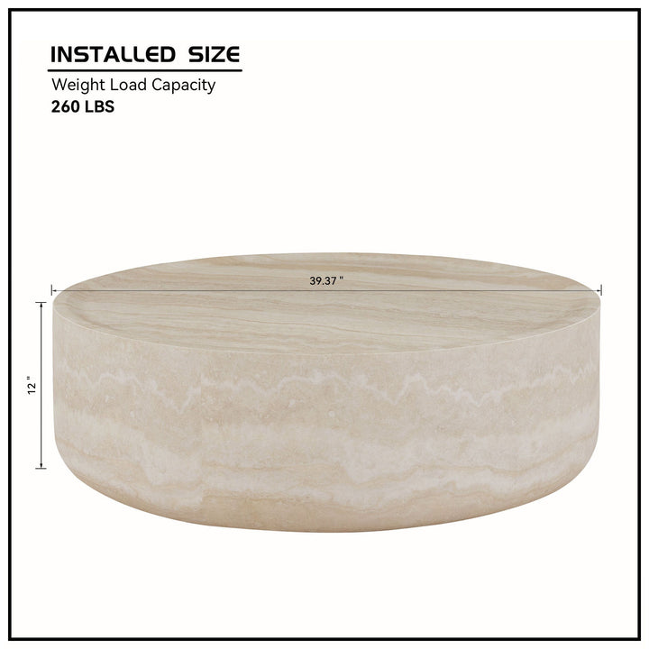Modern Faux Travertine Round Coffee Table – 39" No-Assembly Fiberglass Center Table for Living Room Sangria Beech