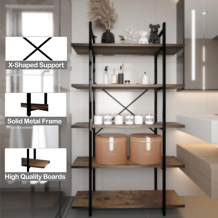 Rustic 5-Tier Bookshelf with Faux Marble Wood Shelves – Industrial Bookcase with Metal Frame and X-Brace, 31.5" Wide Ladder Shelf for Living Room, Kitchen, or Office Peach Maple
