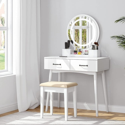 UTEX Makeup Vanity Set with Mirror and 3-Color Adjustable LED Lights – White Dressing Table with Stool, Drawers & Storage Boxes Peach Maple