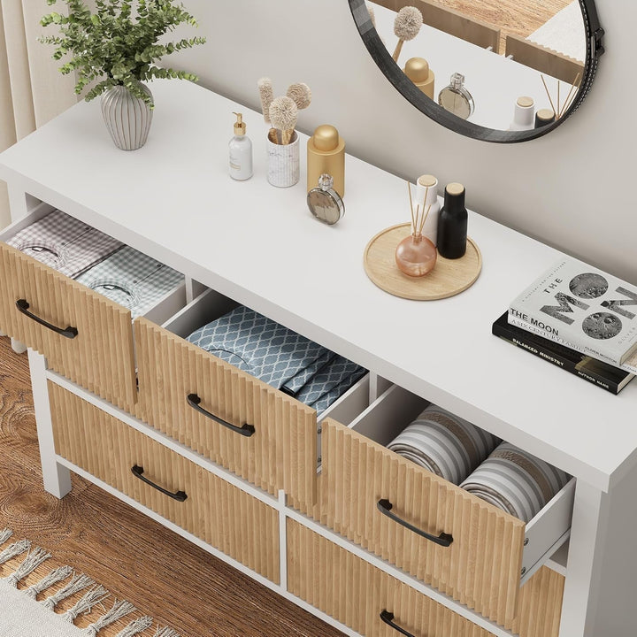Jocoevol 7-Drawer White Wood Dresser with Fluted Panels – Modern Storage Chest for Bedroom, Living Room, Entryway Peach Maple