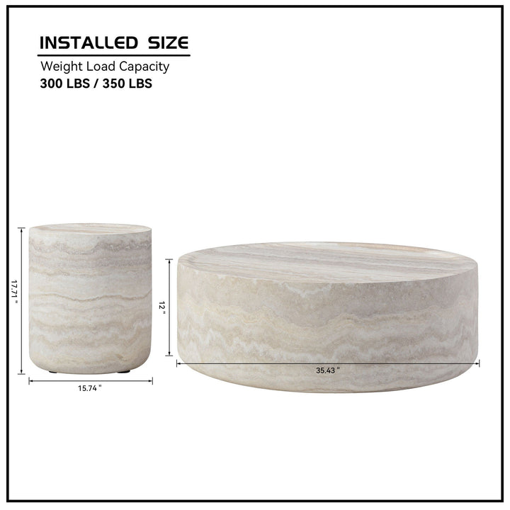Set of 2 Faux Travertine Round Coffee Table & Side Table – Modern Textured Fiberglass Tables for Living Room Sangria Beech