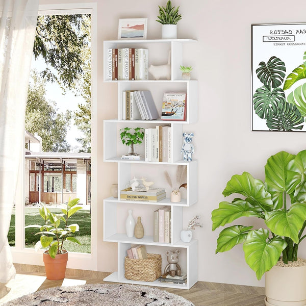 S-Shaped Bookshelf – Modern Geometric 6-Tier White Display Bookcase Peach Maple