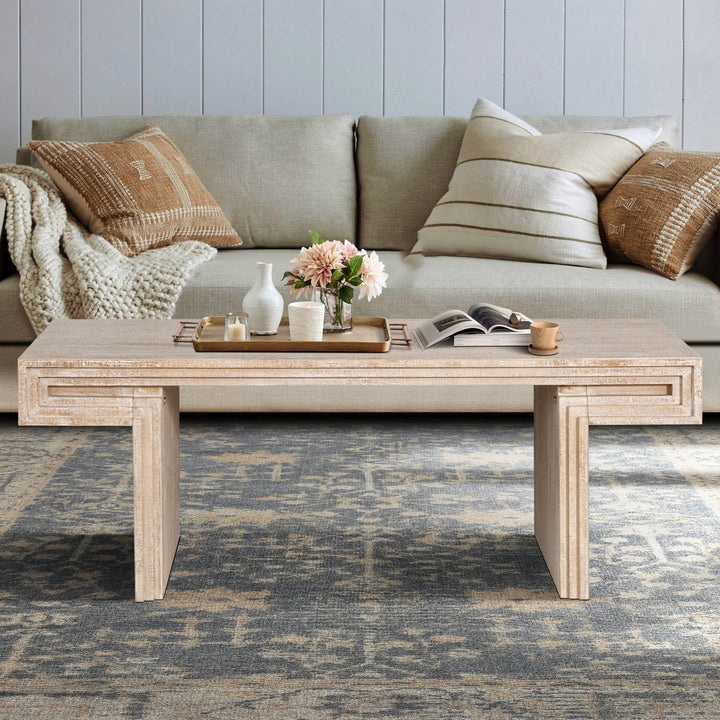 American Vintage Rectangular Coffee Table – Rustic Dual-Tier Wood Center Table with Open Shelves, Antique Natural Finish Sangria Beech