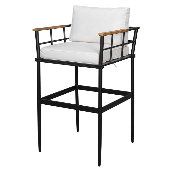 5-Piece Outdoor Dining Set with Iron Table & Acacia Wood Armrests – Beige Cushioned Chairs, High-Back Design for Patio, Garden, or Backyard Sangria Beech