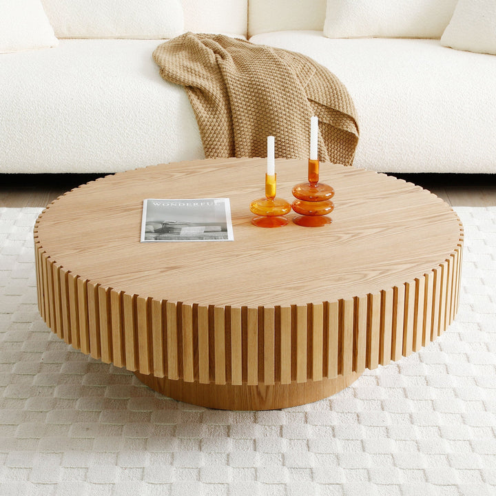 Modern Round Wood Coffee Table – Handcrafted Drum Design, Ash Finish, 31.5" Sangria Beech