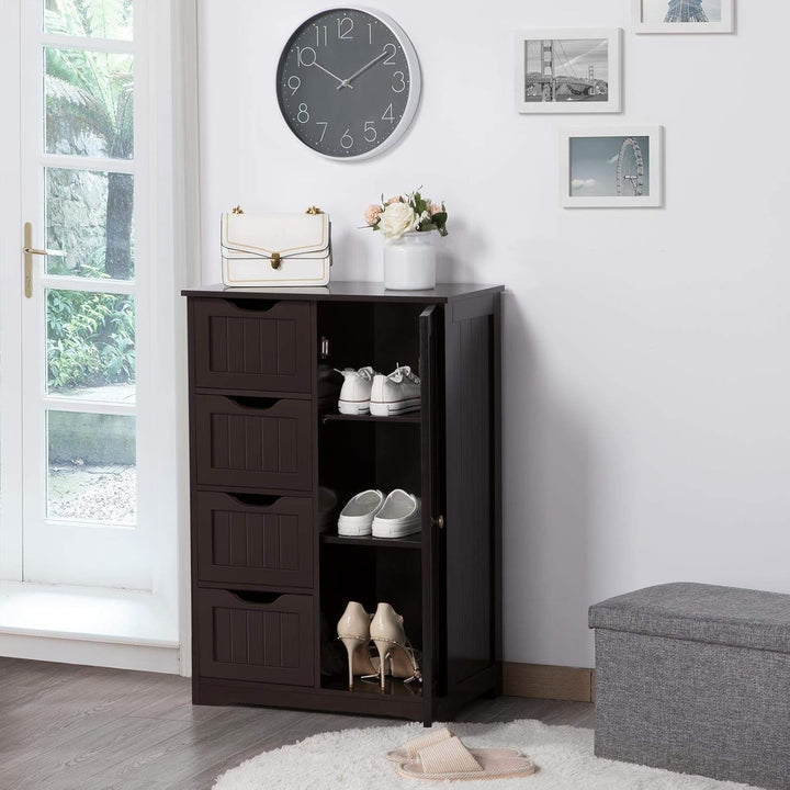 Wooden Bathroom Floor Cabinet with 4 Drawers & Adjustable Shelf Cupboard – Freestanding Storage Organizer Peach Maple
