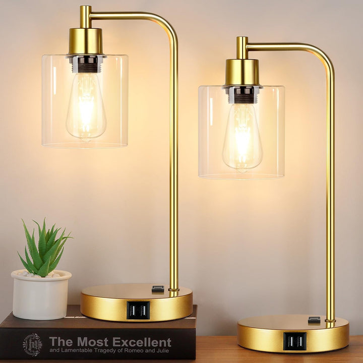 Set of 2 Touch Control Table Lamps with USB Ports – 3-Way Dimmable Industrial Bedside Lamps with LED Bulbs & Clear Glass Shade Peach Maple
