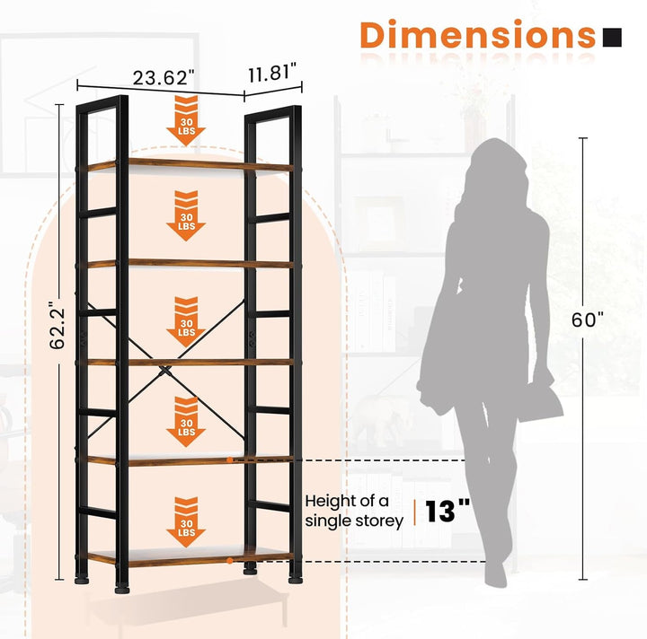 Modern 5-Tier Tall Bookshelf with Metal Frame – Space-Saving Industrial Bookcase Storage Shelf for Living Room, Bedroom, or Office – 62.2" H Freestanding Wood Shelving Unit Peach Maple