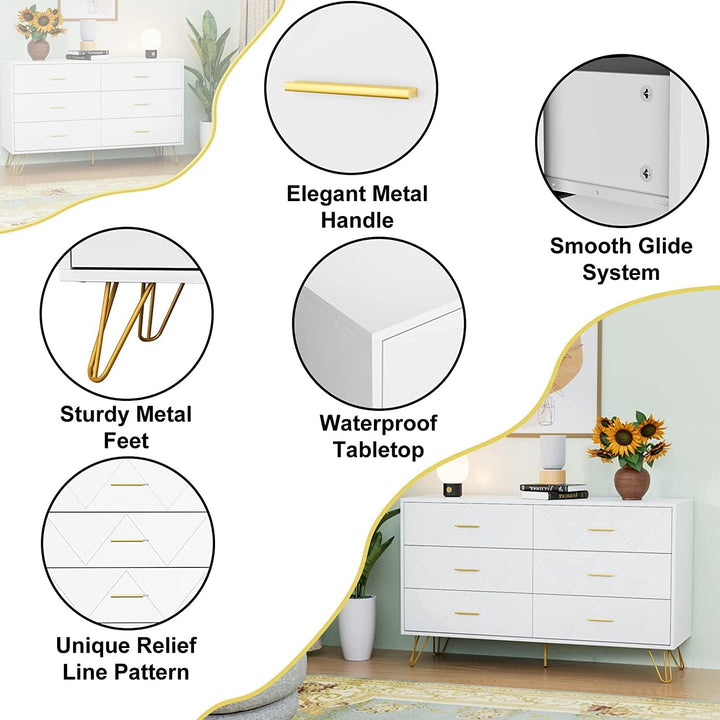 Modern White 6-Drawer Dresser with Gold Handles – Spacious, Sturdy & Stylish Bedroom Storage Chest Peach Maple