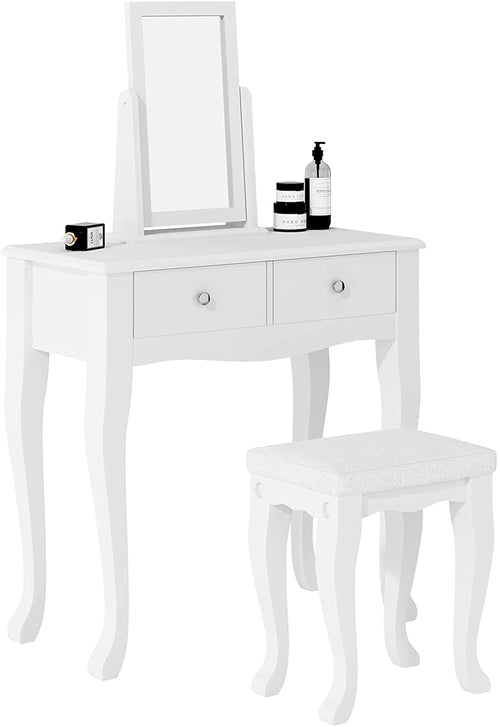 Modern Vanity Table Set with 360° Pivoting Mirror and Cushioned Stool – Makeup Dressing Table with 2 Drawers, Solid Wood & PU Seat Peach Maple