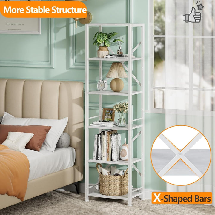 Tall White 6-Tier Narrow Bookshelf with Metal Frame – Slim Storage Rack for Living Room, Bedroom, Office & Bathroom Peach Maple