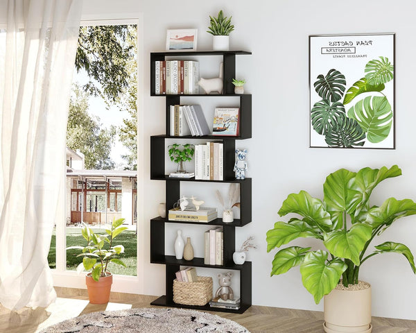 6-Tier Black S-Shaped Modern Geometric Bookshelf – Space-Saving Display & Storage Shelf Peach Maple