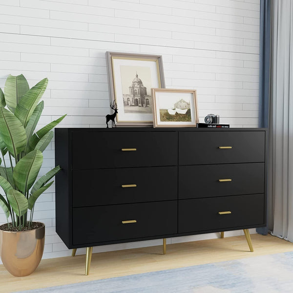 Modern Black 6-Drawer Dresser with Matte Finish – Spacious Bedroom Storage Chest with Metal Handles Peach Maple