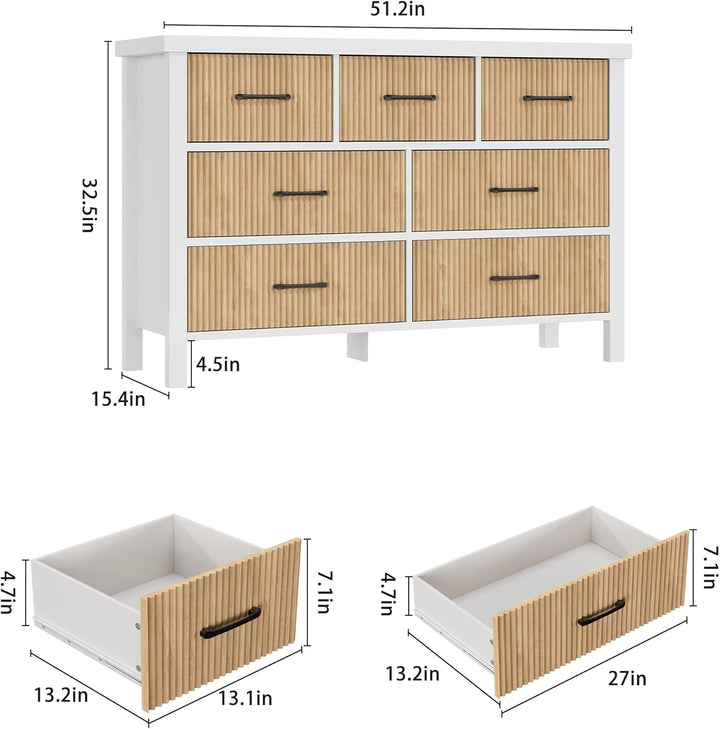 Jocoevol 7-Drawer White Wood Dresser with Fluted Panels – Modern Storage Chest for Bedroom, Living Room, Entryway Peach Maple