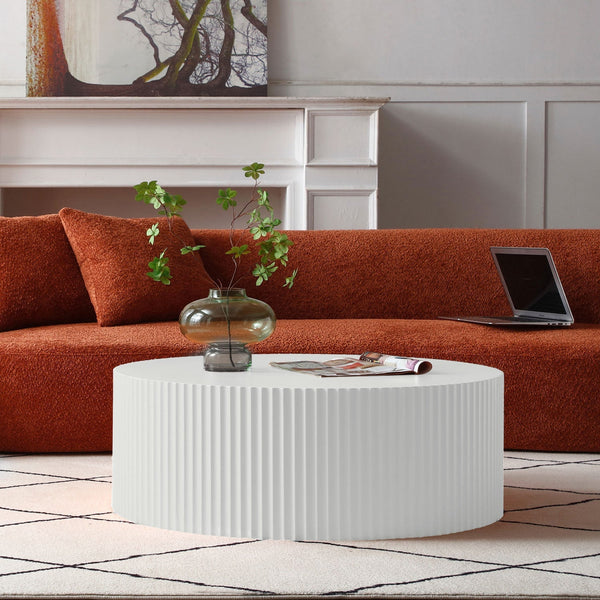 35" White Round Coffee Table – Handcrafted Relief Modern Center Table, MDF Wood, No Assembly Required Sangria Beech
