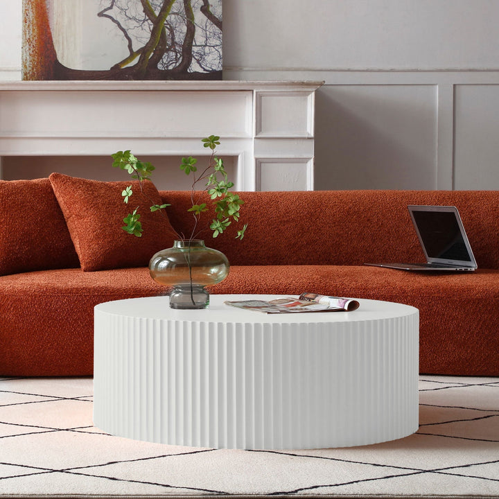 35" White Round Coffee Table – Handcrafted Relief Modern Center Table, MDF Wood, No Assembly Required Sangria Beech