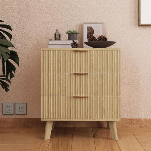 Modern Wood 3-Drawer Dresser with Fluted Wave Panel & Aluminum Handles – Stylish Storage Chest with Solid Wood Legs Peach Maple